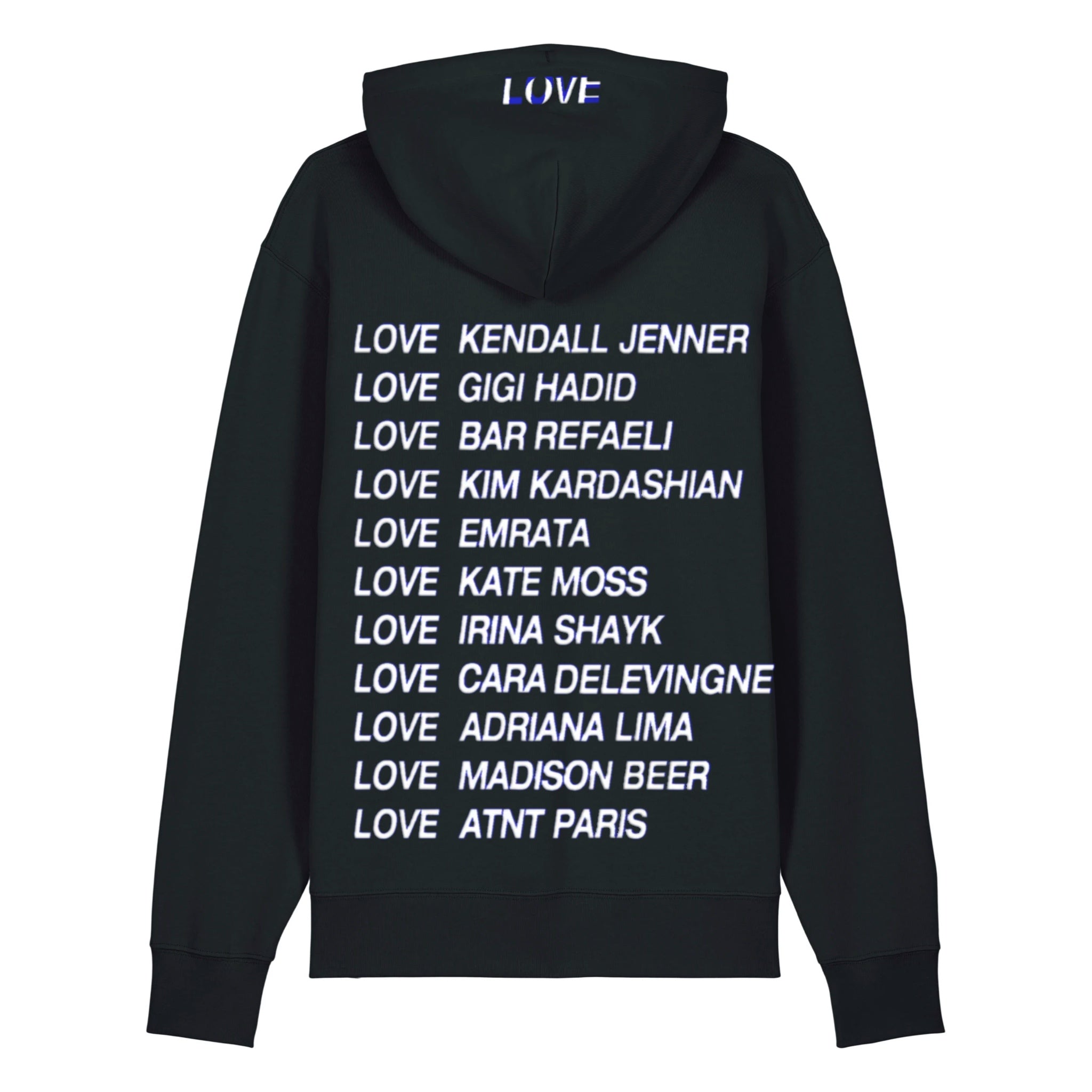 Sweat à capuche noir ATNT Paris avec l'inscription LOVE imprimée dans le dos, collection Love Heart
