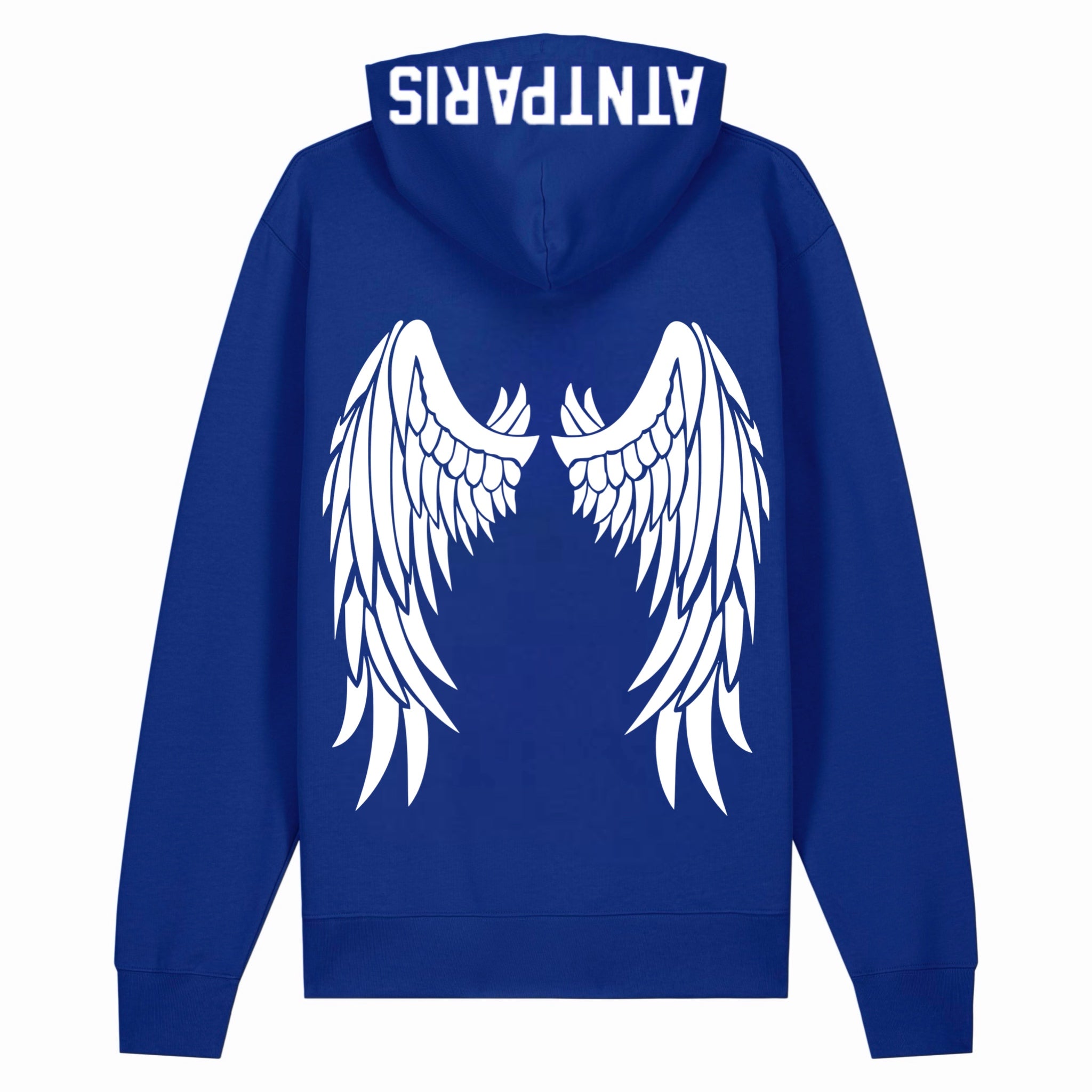 Hoodie bleu ATNT Paris vue arrière, ailes blanches imprimées dans le dos, look streetwear premium