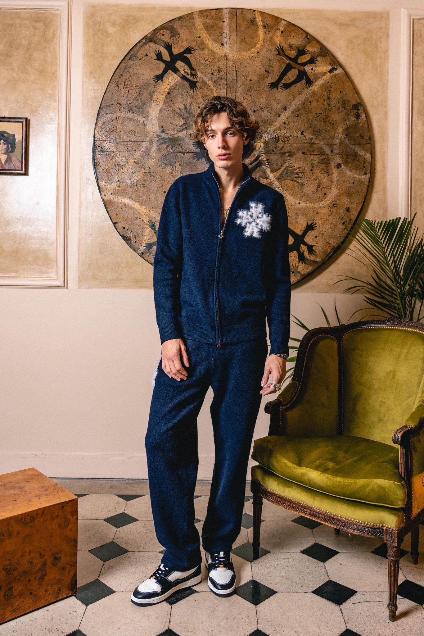 Sweat zippé en maille fluffy monogramme signature navy