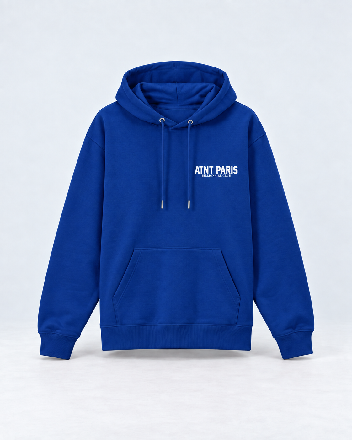 Sweat Billionaire Club bleu ATNT PARIS — mockup face, studio gris clair