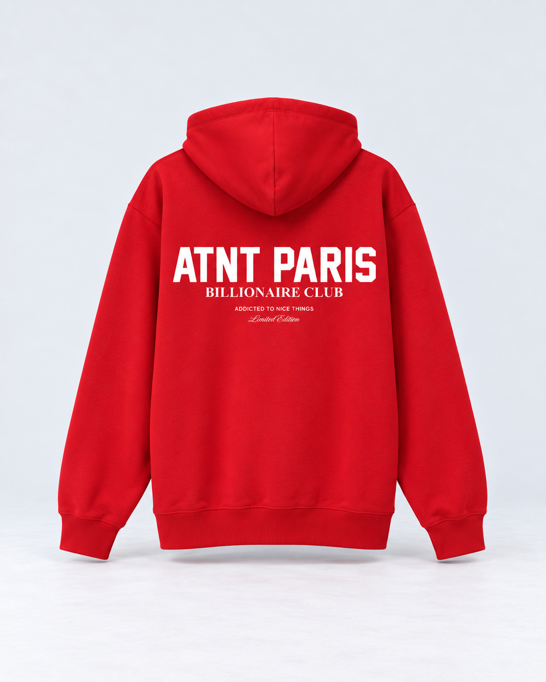 Sweat Billionaire Club rouge ATNT PARIS — mockup dos, coupe portée ample, studio gris clair