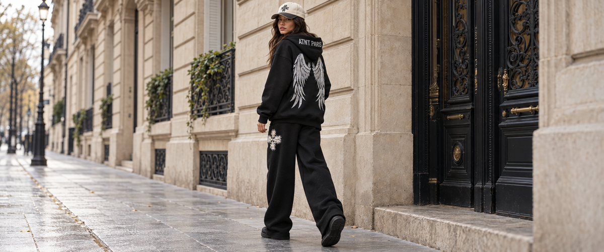 Tenue ATNT Paris portée à Paris : sweat Dark Angel Strass noir, jogging fluffy noir et casquette bicolore.