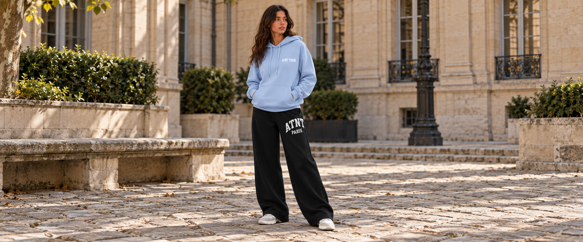 Sweat Capuche Light Blue – Essentials porté dans une ambiance lifestyle ATNT PARIS