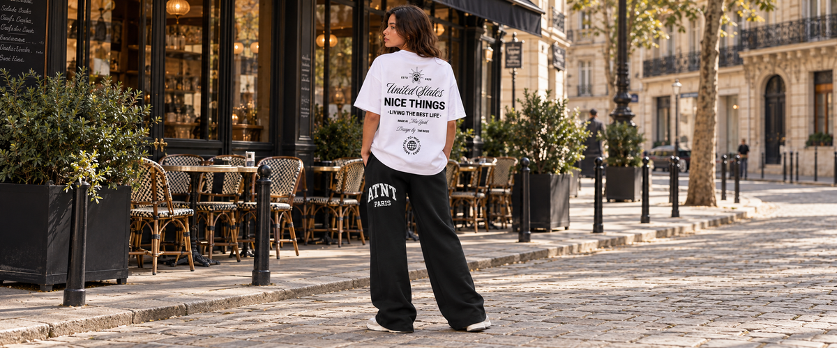 T-shirt oversize Blanc Nyc Heritage avec jogging wide leg noir — tenue à Paris