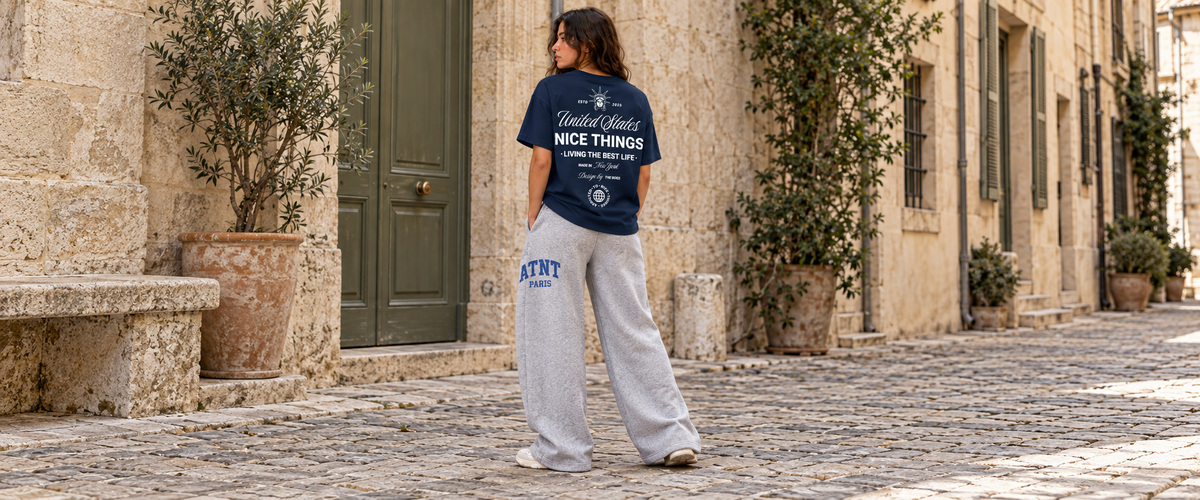 T-Shirt Navy – NYC Héritage avec jogging wide leg Heather Grey — tenue à Paris
