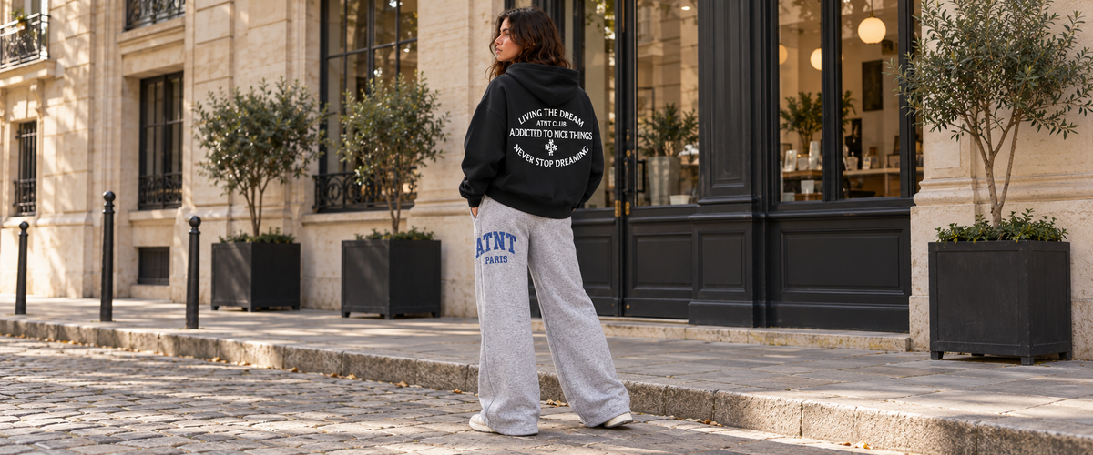 Sweat oversize Noir Never Stop Dreaming avec jogging wide leg Heather Grey — tenue à Paris