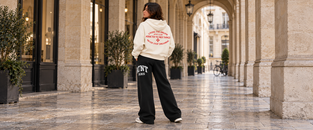 Gilet zippé Off White Never Stop Dreaming avec jogging wide leg noir — tenue à Paris