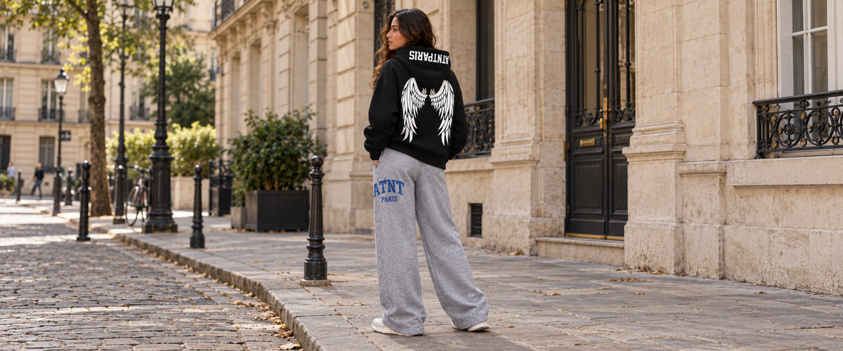 Sweat Capuche Noir Dark Angel avec jogging wide leg Heather Grey — tenue à Paris