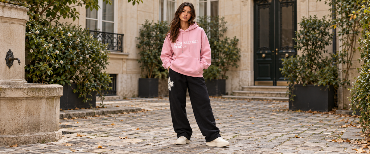 Sweat à Capuche Rose « Jeunesse Dorée Perdue » – ATNT Paris — tenue portée à Paris