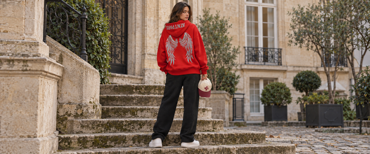 Tenue ATNT Paris dark angel rouge avec jogging noir et casquette assortie.