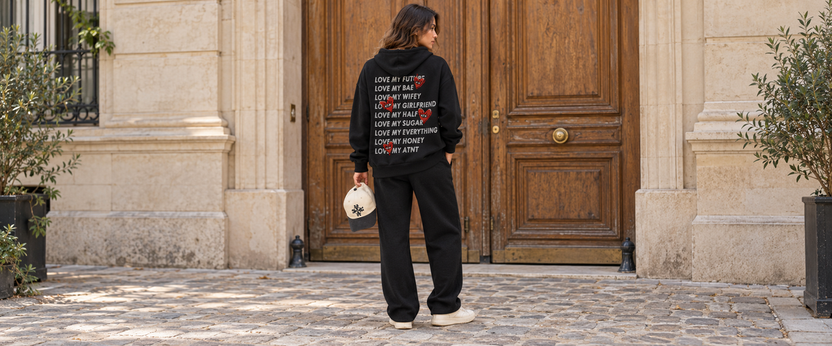 Tenue ATNT Paris love heart noir avec jogging noir et casquette assortie.