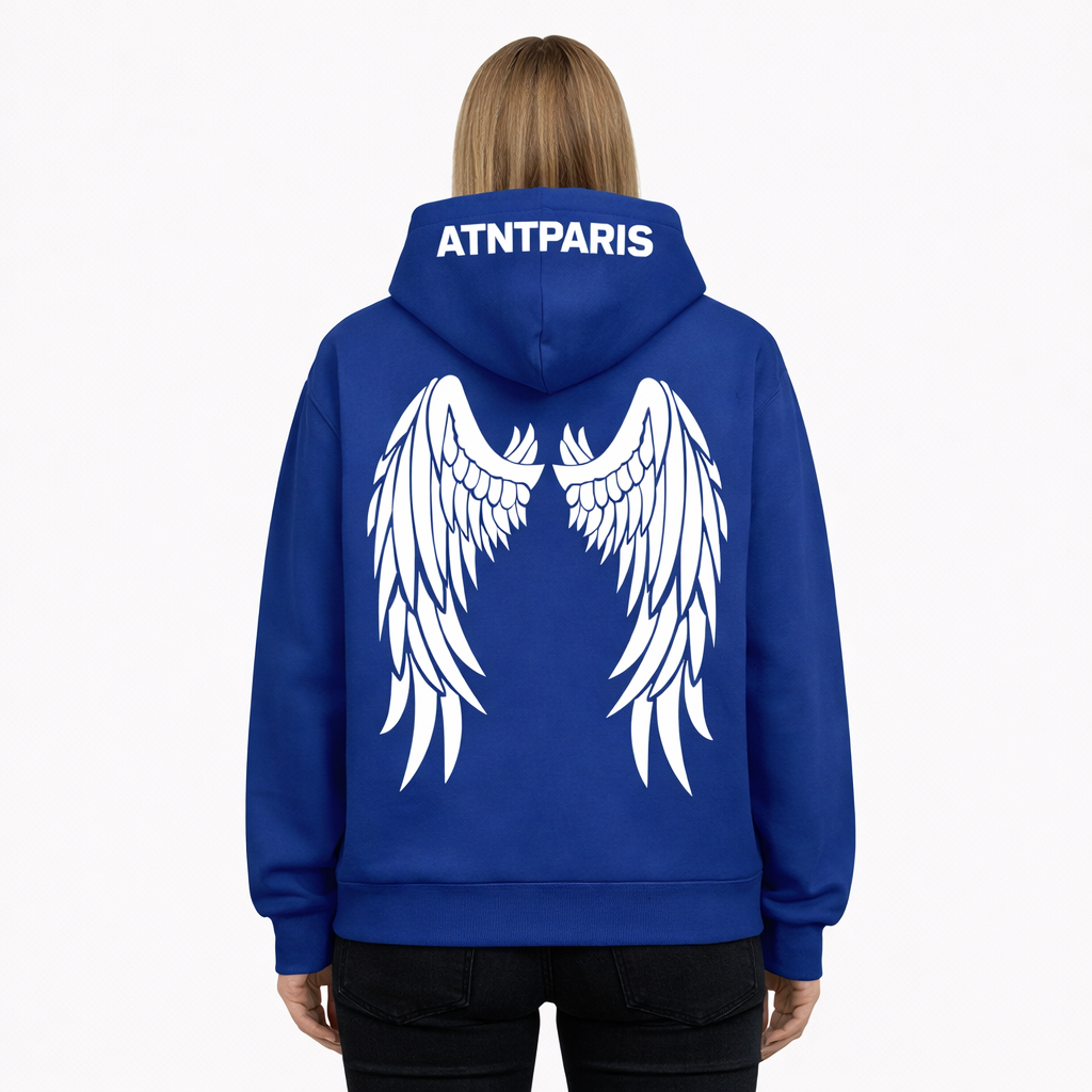 Sweat bleu ATNT Paris porté de dos, design ailes blanches et marquage capuche