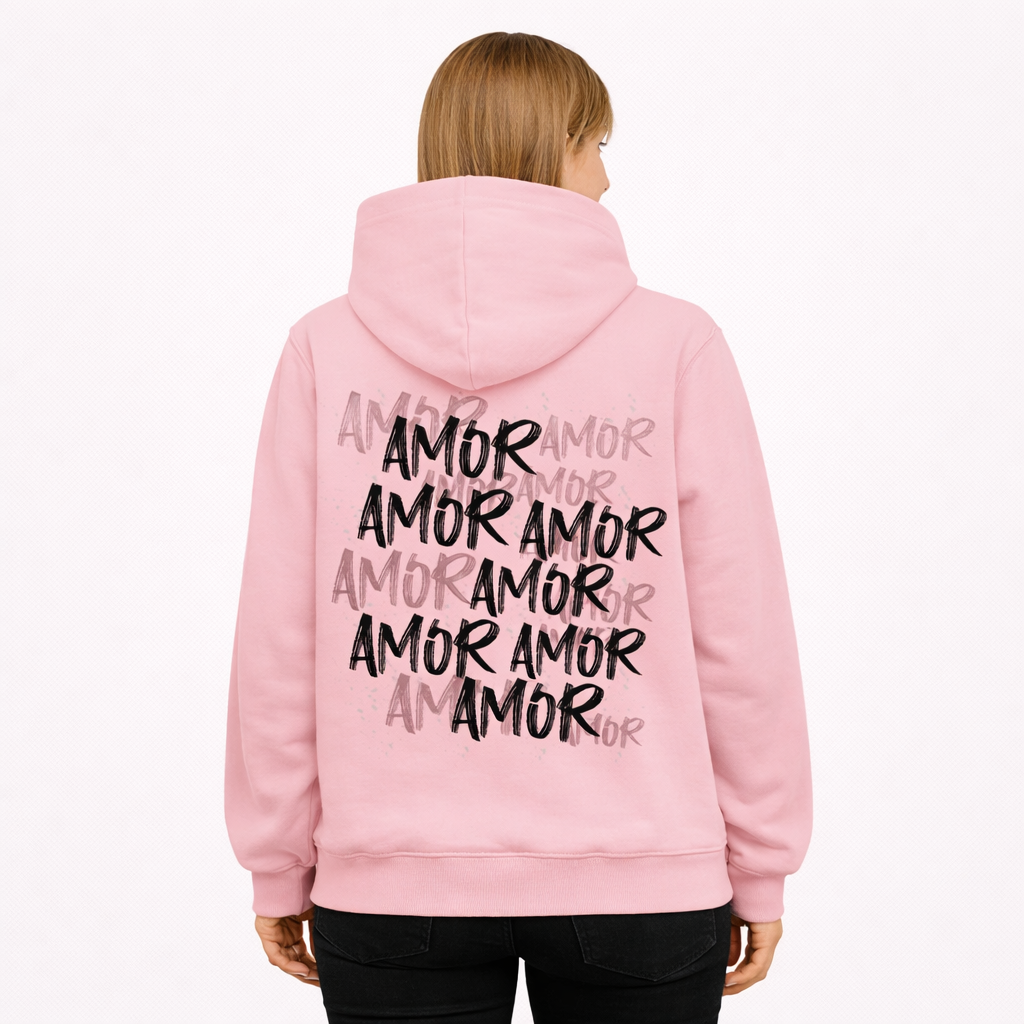 Sweat à capuche rose ATNT Paris, vue de dos, imprimé typographique « AMOR » répété en style graffiti, streetwear féminin