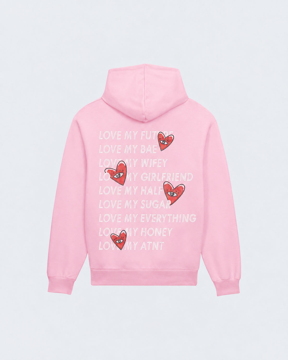 Sweat Capuche Rose Clair Love heart Strass ATNT PARIS — Pack studio naturel — mockup à plat, vue de dos — fond gris clair