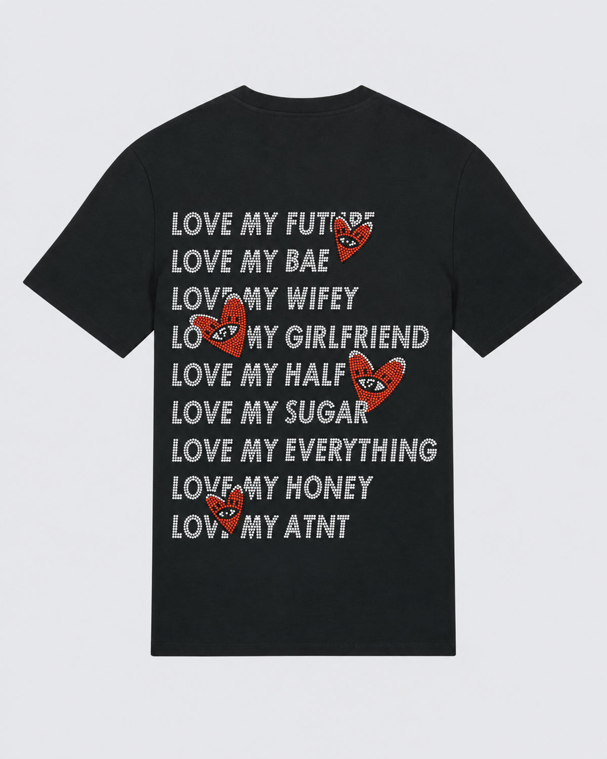 T-shirt Love Heart Strass noir ATNT PARIS — à plat, dos — studio gris clair