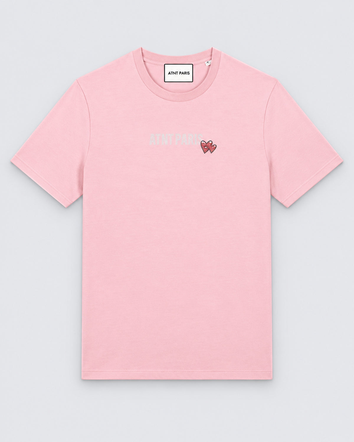 T-shirt Love Heart Strass rose clair ATNT PARIS — à plat, face — studio gris clair