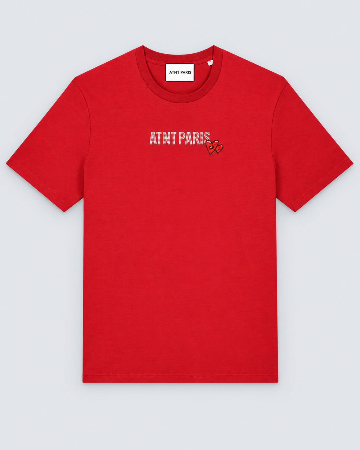 T-shirt Love Heart Strass rouge ATNT PARIS — à plat, face — studio gris clair