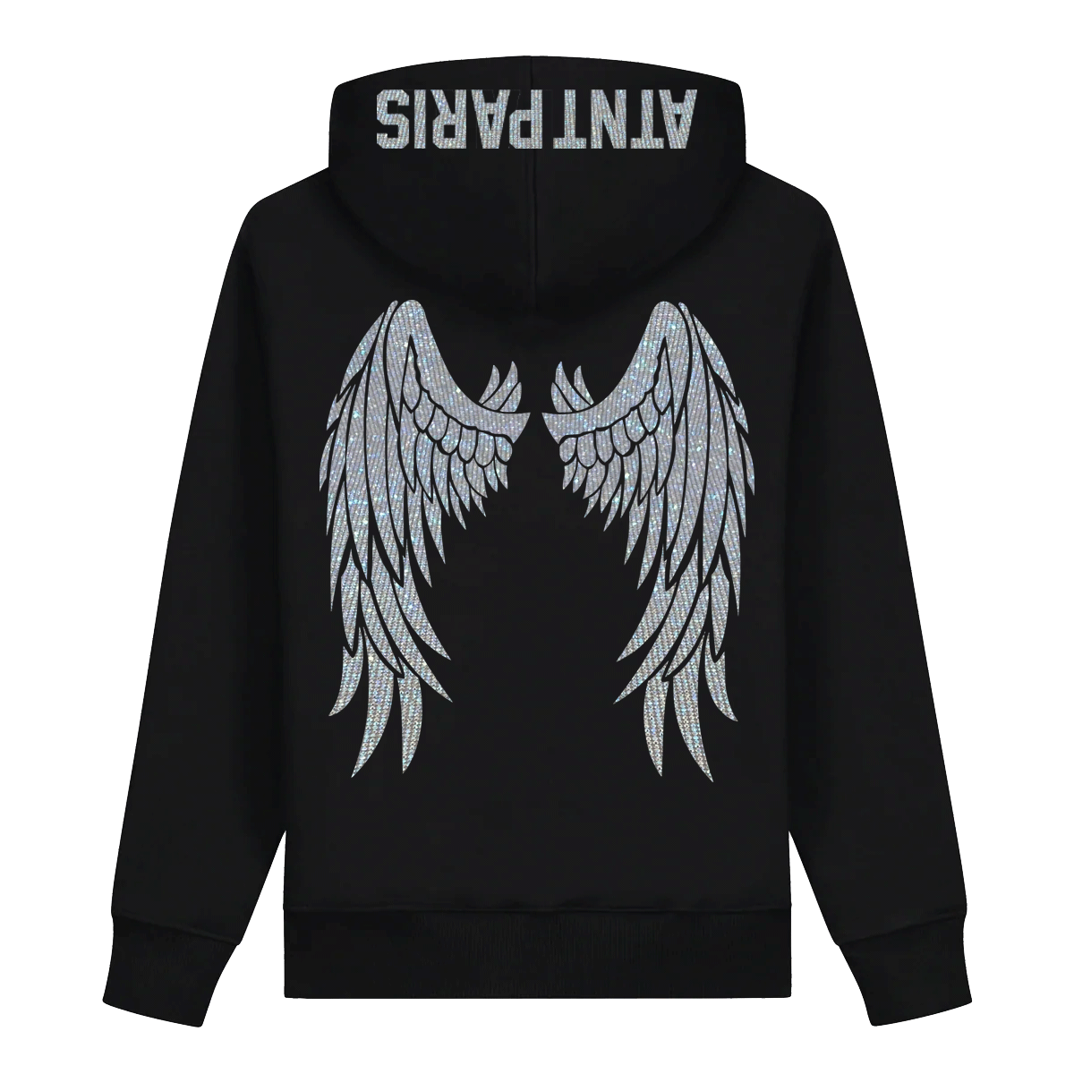 Sweat à capuche noir ATNT Paris Dark Angel, vue de dos, logo ailes en strass premium