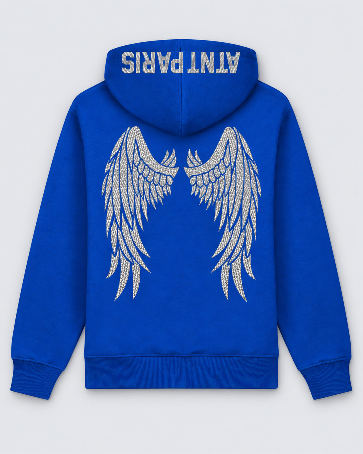 Sweat à Capuche Bleu Roi Dark Angel Strass – ATNT Paris — Pack studio naturel, studio gris clair, vue à plat de dos.