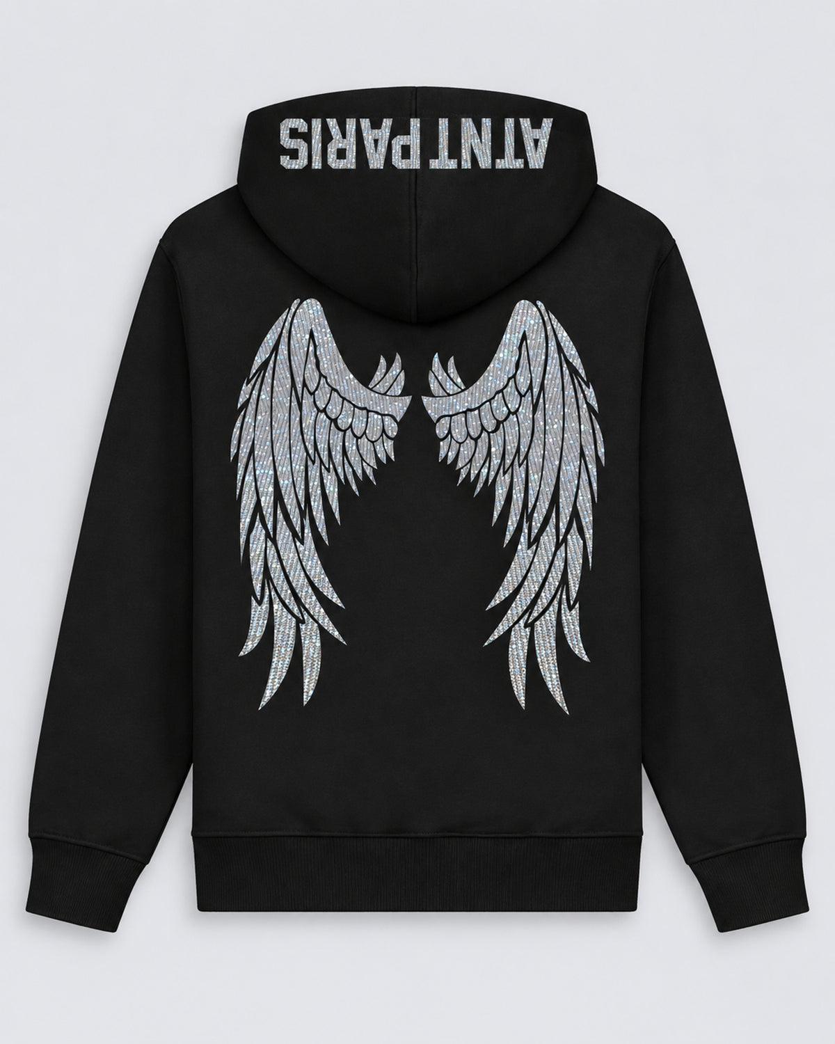 Sweat à Capuche Noir Dark Angel Strass – ATNT Paris — Pack studio naturel, studio gris clair, vue à plat de dos.