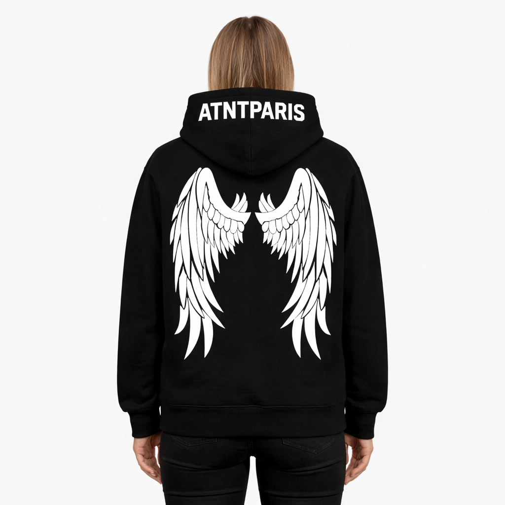 sweat capuche noir dark angel porté de dos ailes d'ange
