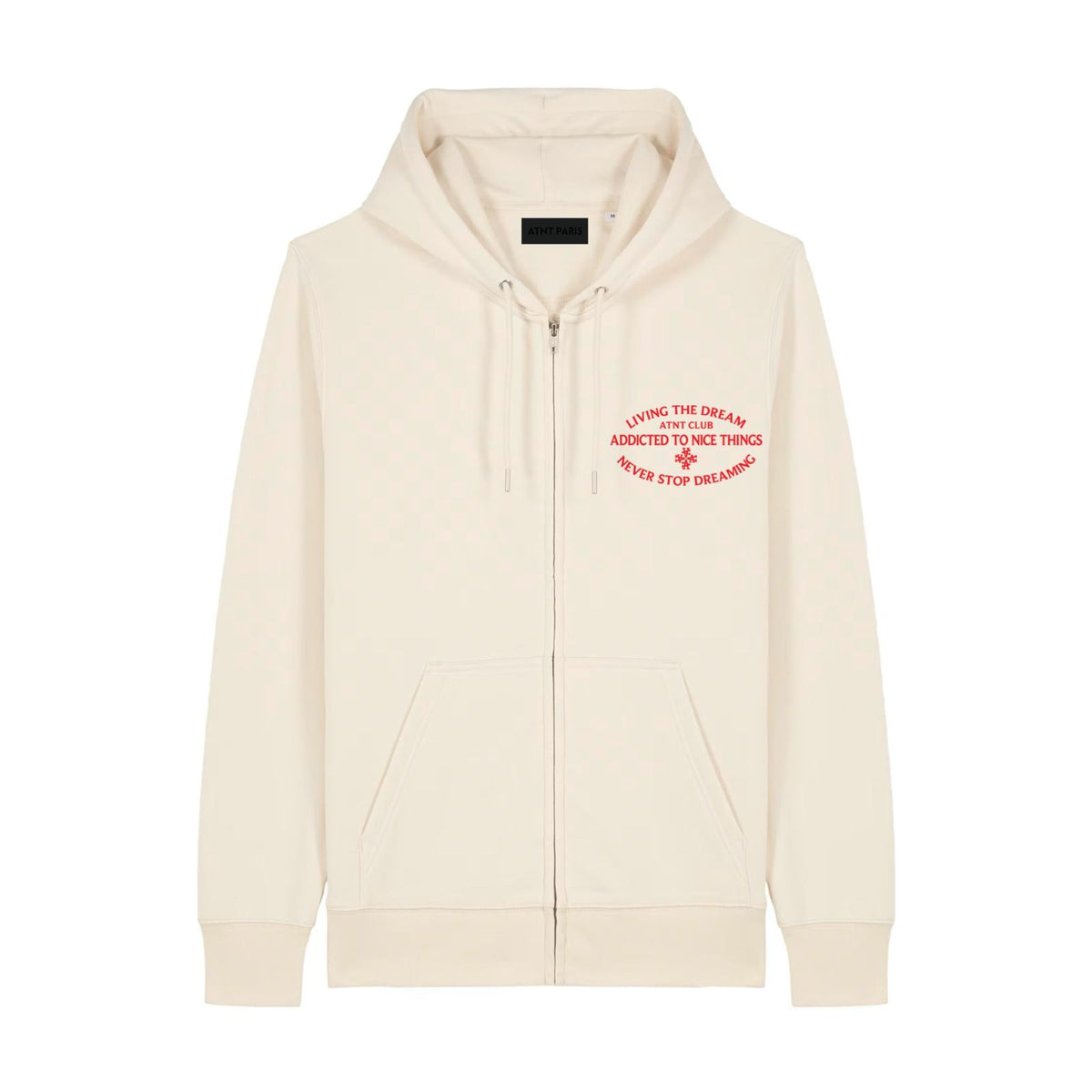 Gilet zippé blanc cassé Never Stop Dreaming ATNT PARIS, vue de face.