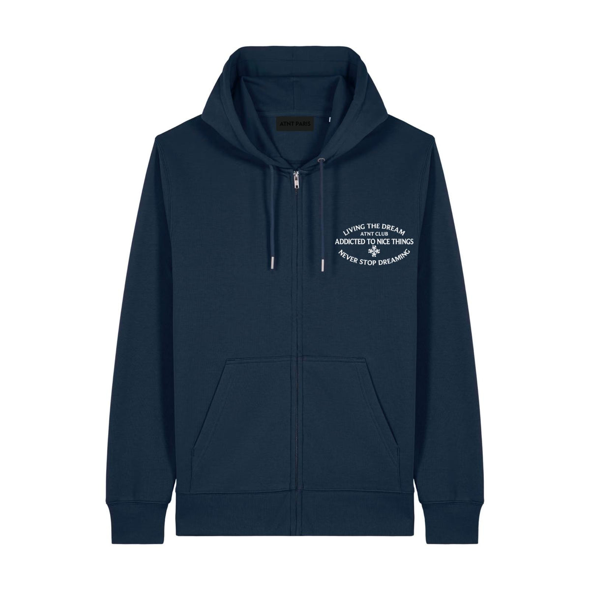 Gilet zippé bleu marine Never Stop Dreaming ATNT PARIS, vue de face.