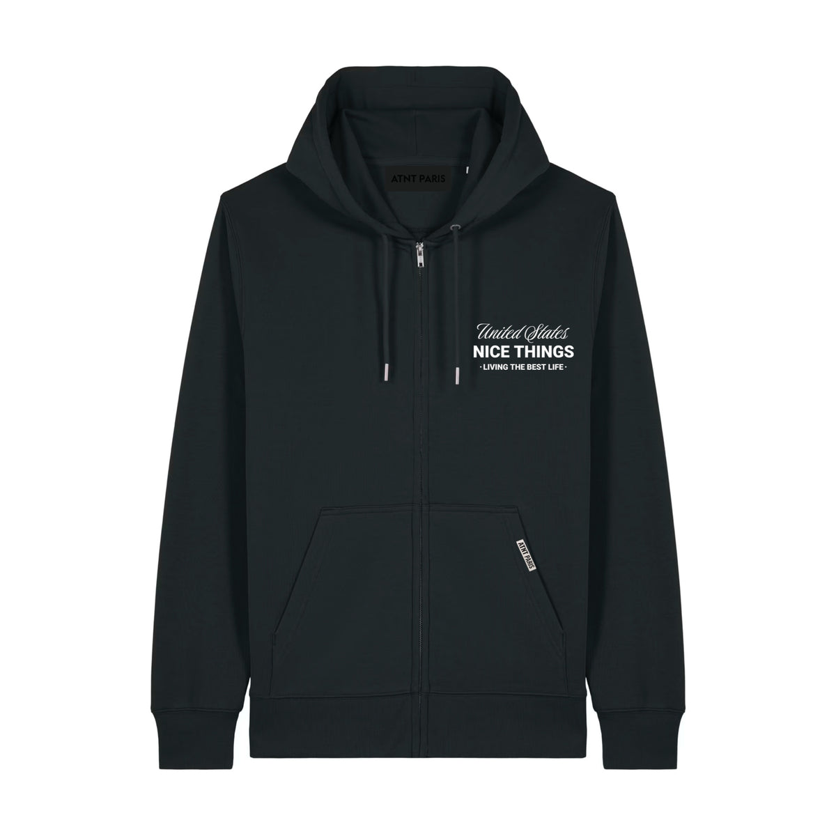 Gilet zippé NYC Héritage noir ATNT PARIS, vue de face.