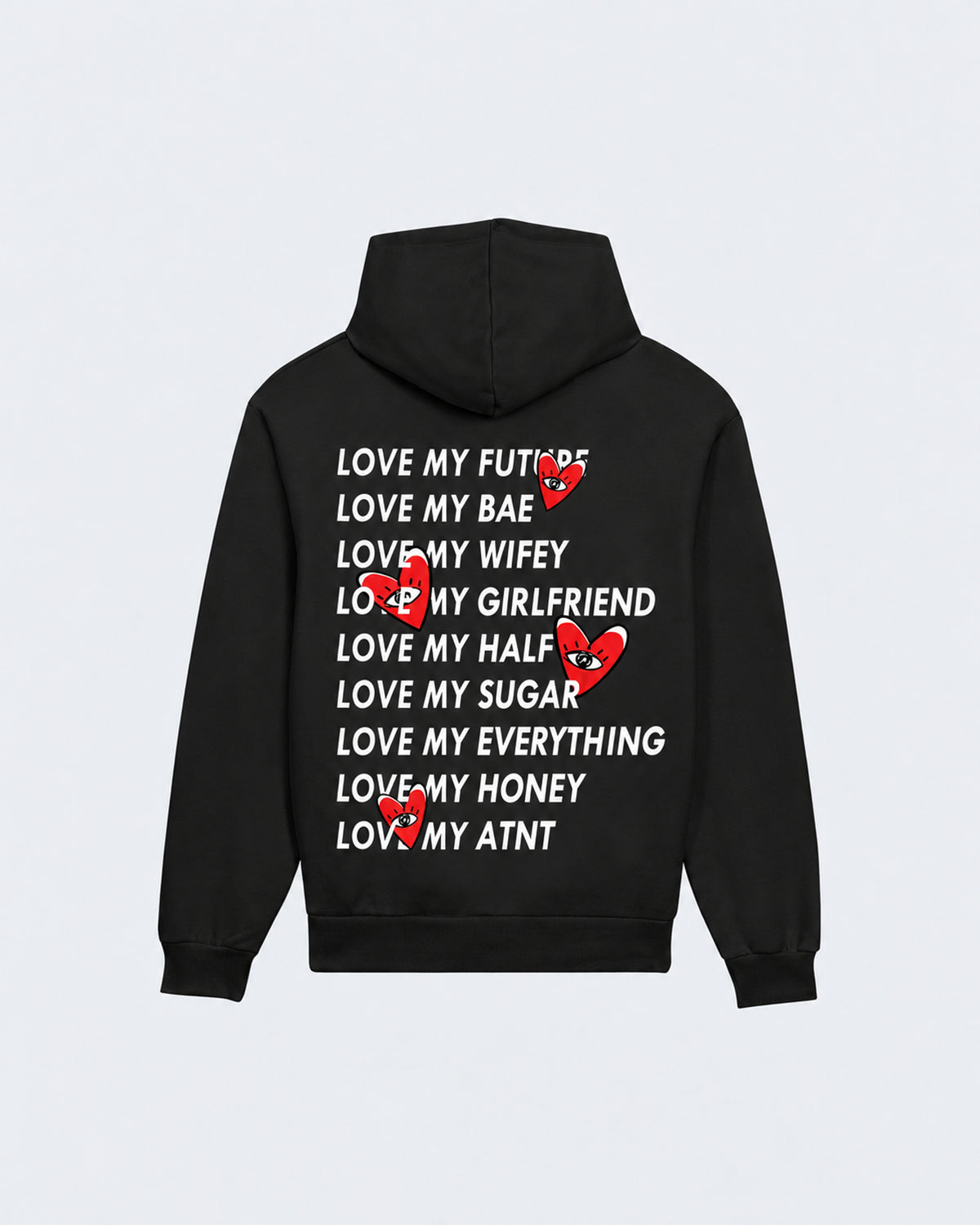 Sweat Capuche Noir Love Heart ATNT PARIS — Pack studio naturel — mockup à plat, vue de dos — fond gris clair