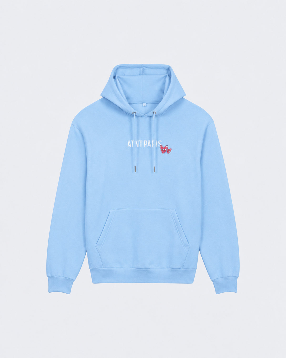 Sweat Capuche Bleu Ciel Love heart Strass ATNT PARIS — Pack studio naturel — mockup à plat, vue de face — fond gris clair