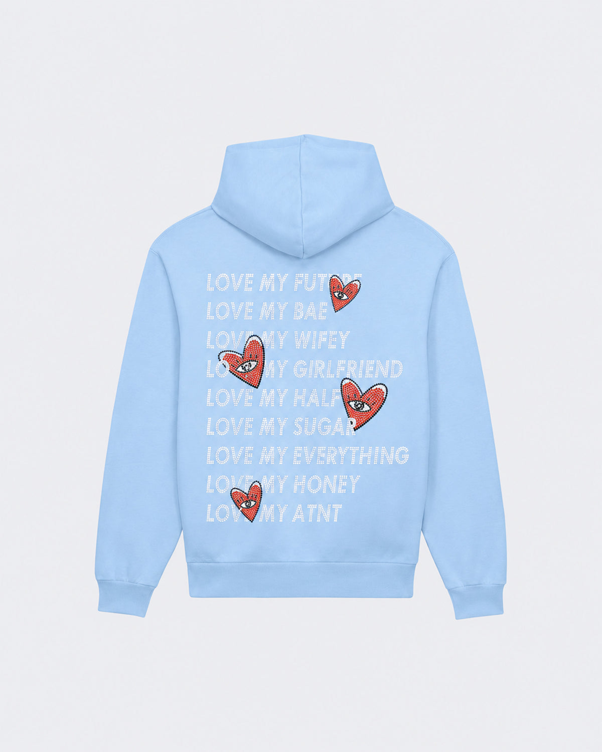 Sweat Capuche Bleu Ciel Love heart Strass ATNT PARIS — Pack studio naturel — mockup à plat, vue de dos — fond gris clair