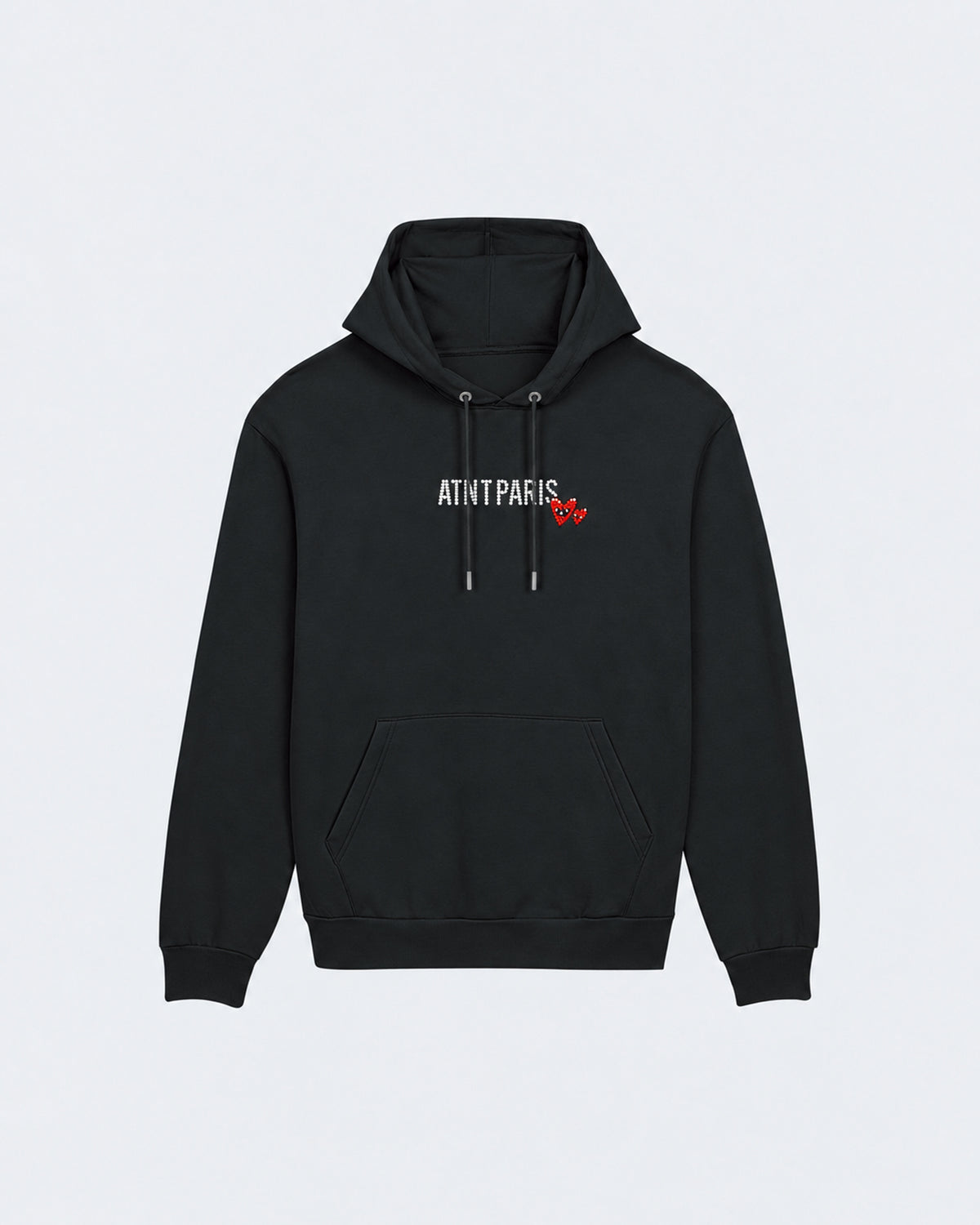 Sweat Capuche Noir Love heart Strass ATNT PARIS — Pack studio naturel — mockup à plat, vue de face — fond gris clair