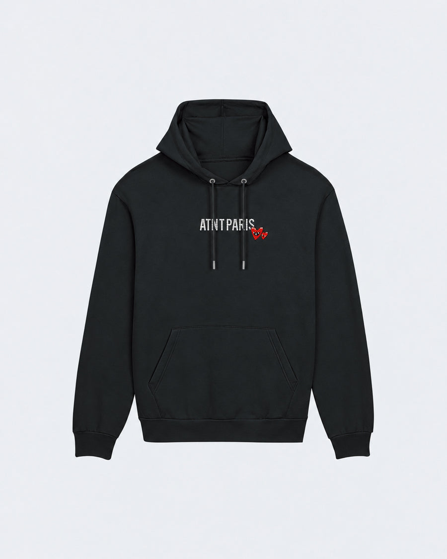 Sweat Capuche Noir Love heart Strass