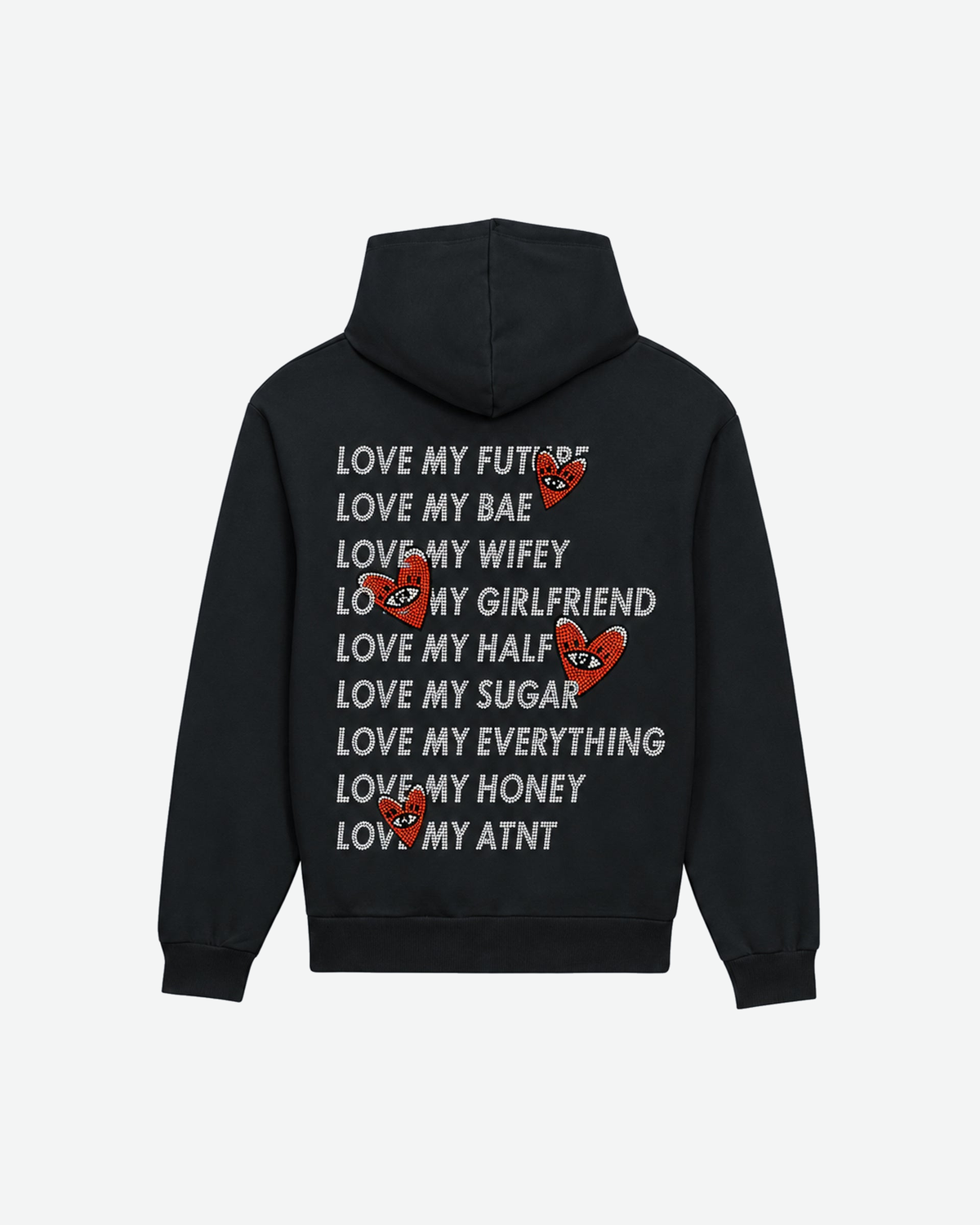 Sweat Capuche Noir Love heart Strass — vue à plat de dos — fond #F3F4F4, 1920 × 2400 px