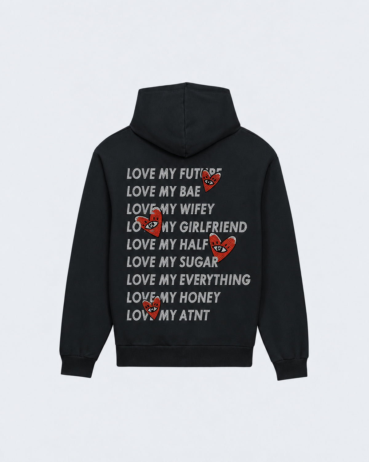 Sweat Capuche Noir Love heart Strass ATNT PARIS — Pack studio naturel — mockup à plat, vue de dos — fond gris clair