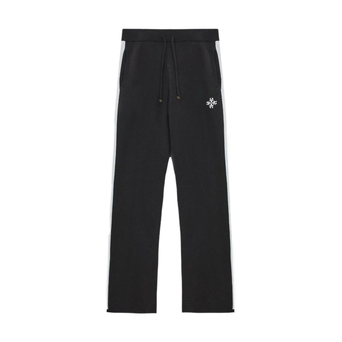 Pantalon knitted noir signature rayures latérales ATNT PARIS, vue de face.