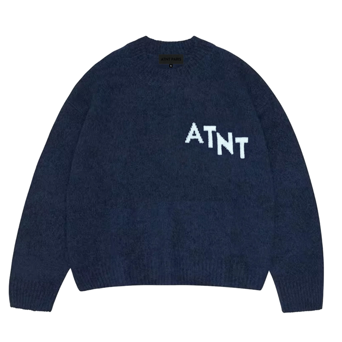 Pull oversize bleu marine effet cachemire ATNT PARIS, vue de face.