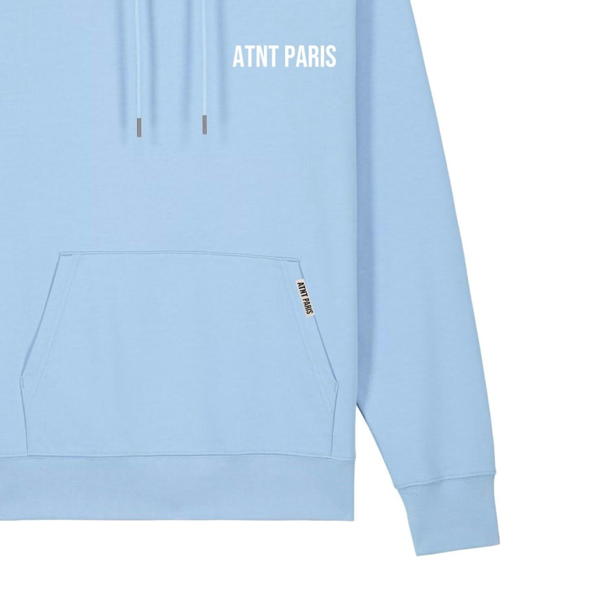 Sweat à capuche bleu ciel essentials ATNT PARIS, vue de détail.
