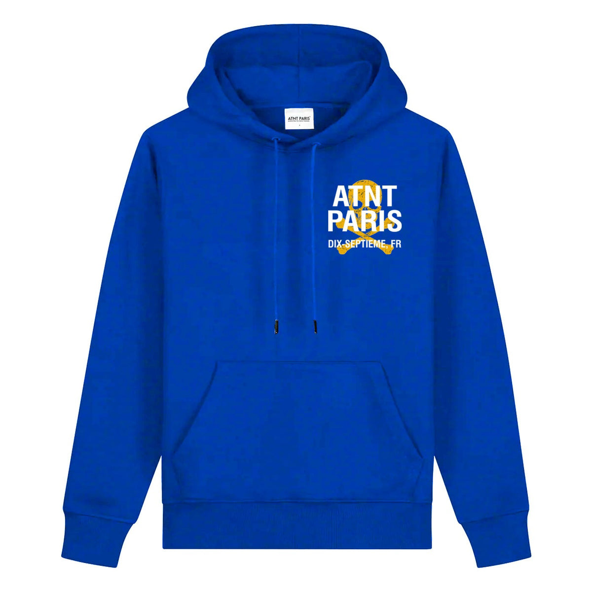 Sweat à capuche bleu Dix-Septième ATNT PARIS, vue de face.