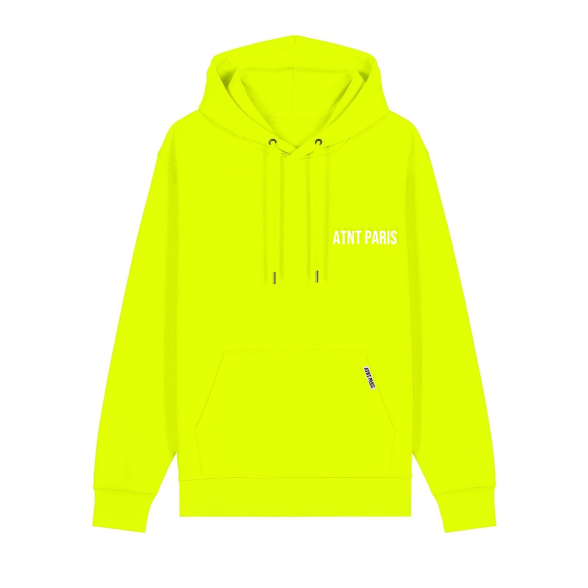 Sweat à capuche jaune fluo essentials ATNT PARIS, vue de face.