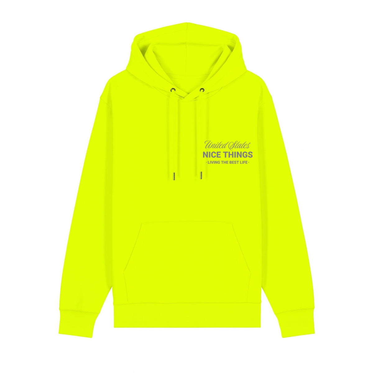 Sweat à capuche jaune fluo NYC Héritage ATNT PARIS, vue de face.