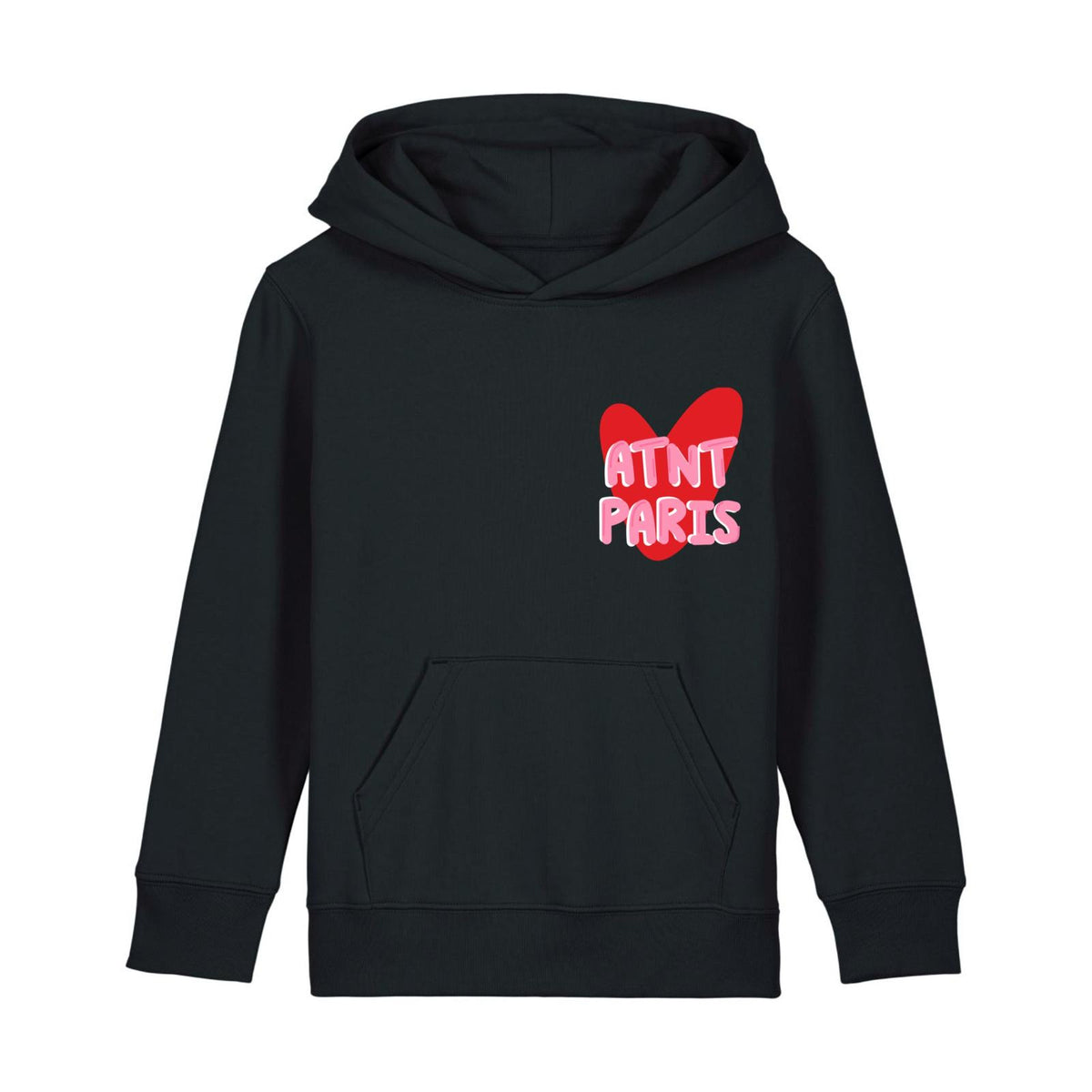Sweat à capuche noir enfant trust love ATNT PARIS, vue de face.