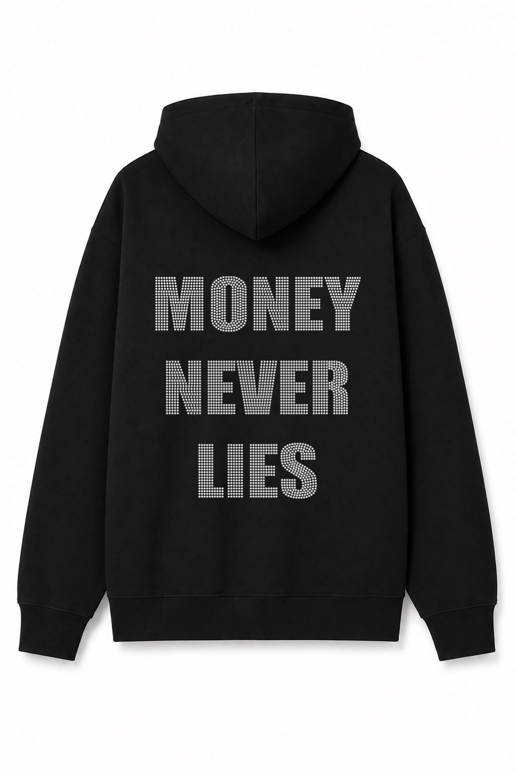 Sweat à capuche noir Money Never Lies ATNT PARIS, vue de dos.