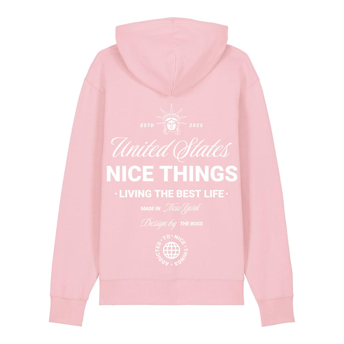 Sweat à capuche rose clair NYC Héritage ATNT PARIS, vue de dos.