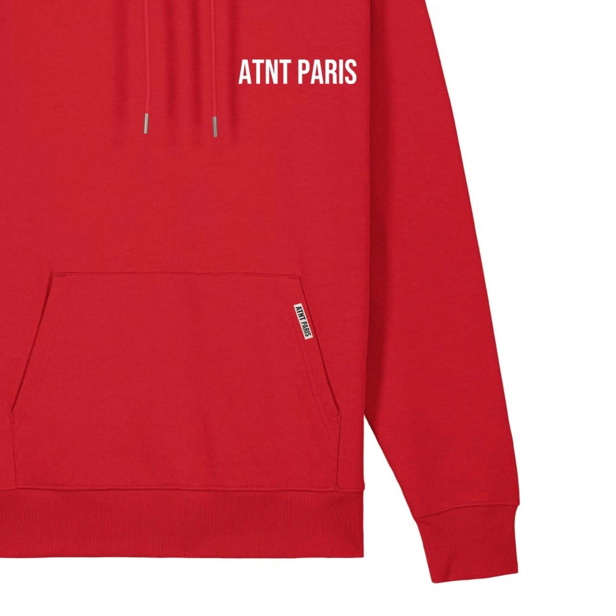 Sweat à capuche rouge essentials ATNT PARIS, vue de détail.