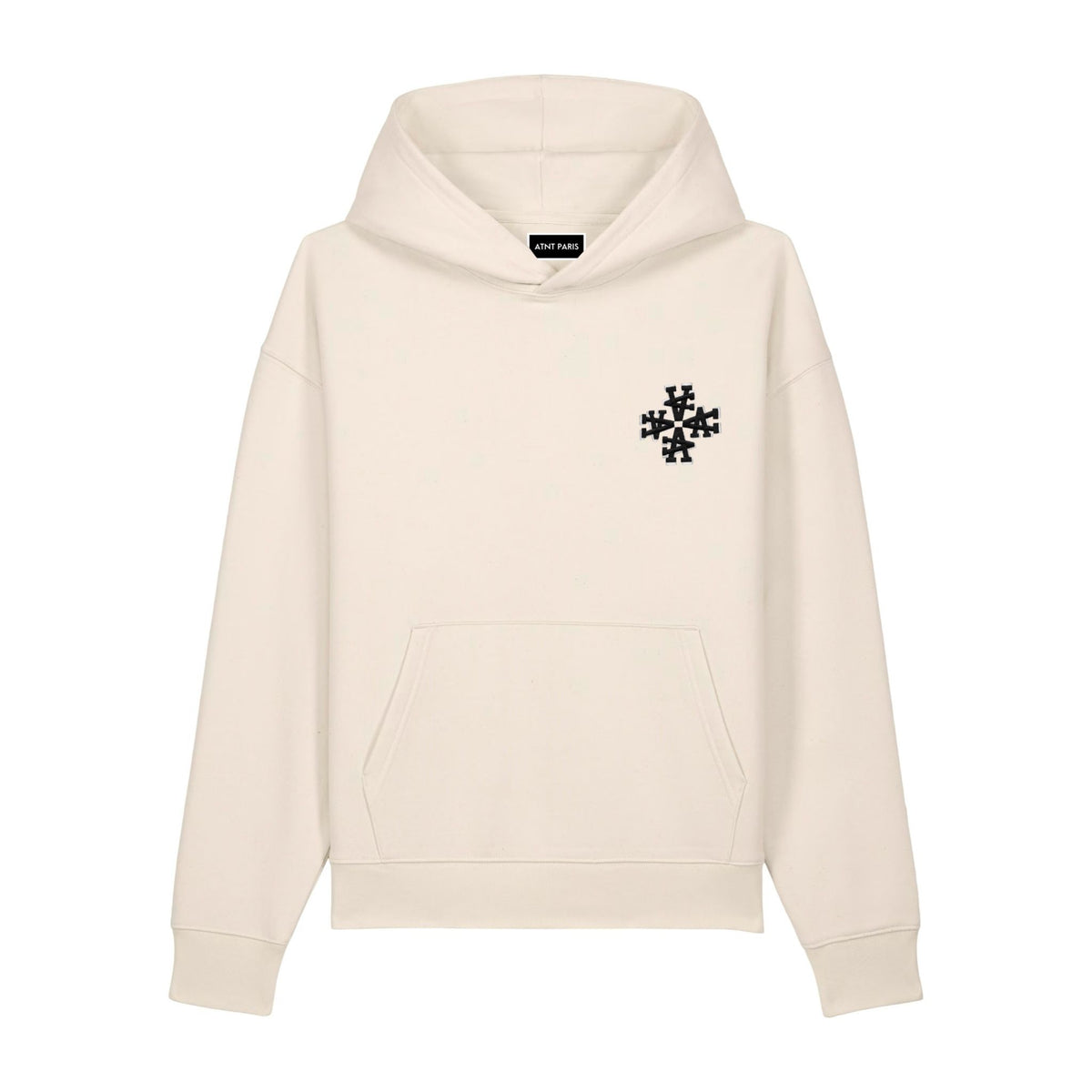Sweat à capuche signature blanc cassé oversize ATNT PARIS, vue de face.