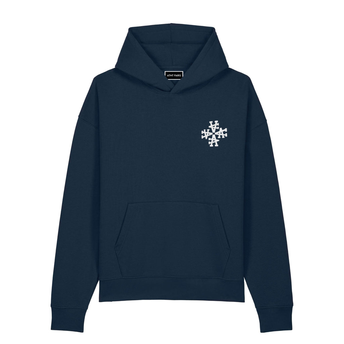 Sweat à capuche signature bleu marine oversize ATNT PARIS, vue de face.