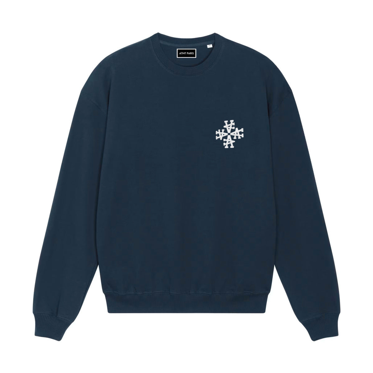 Sweat col rond signature bleu marine ATNT PARIS, vue de face.