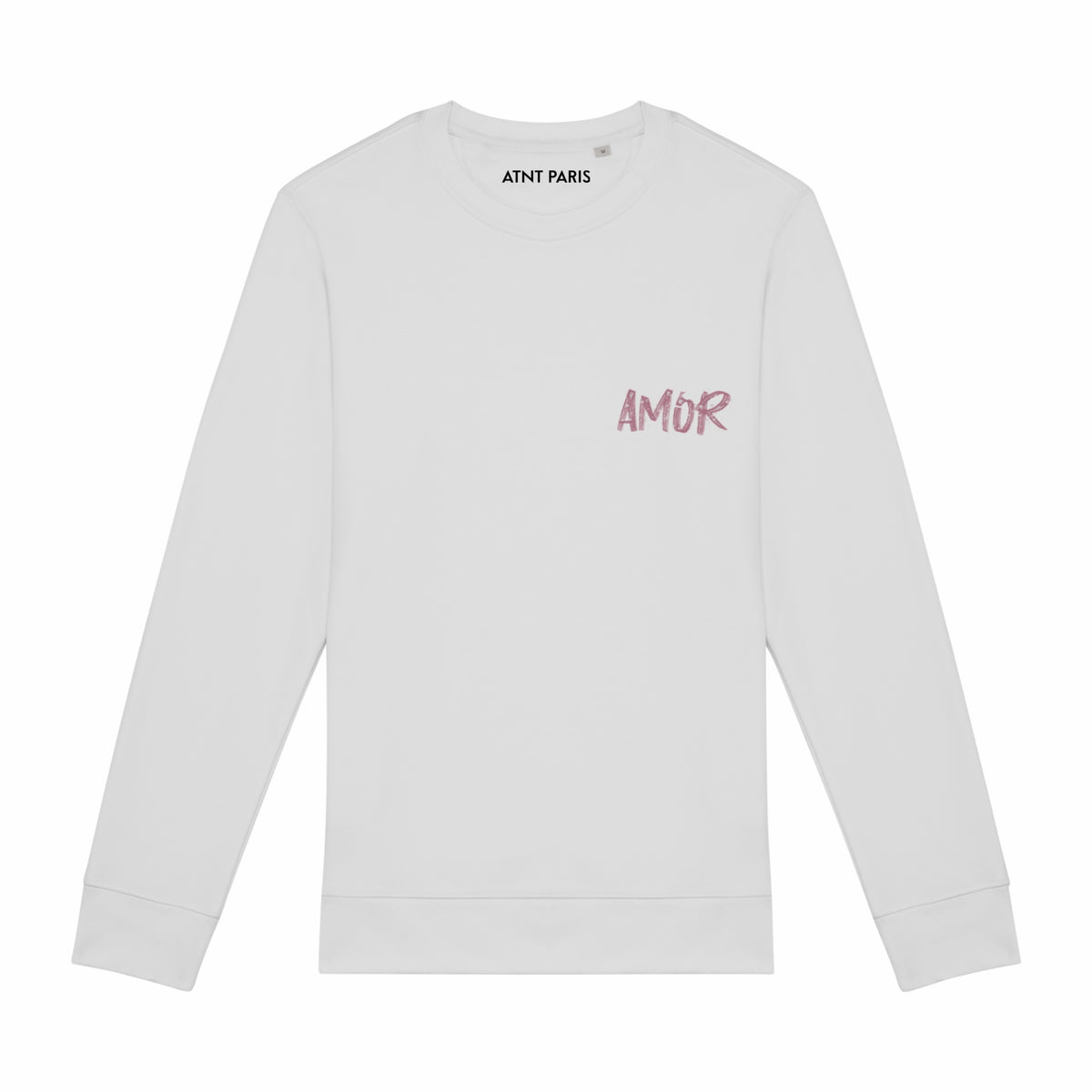 Sweat-shirt unisexe à col rond amor blanc ATNT PARIS, vue de face.