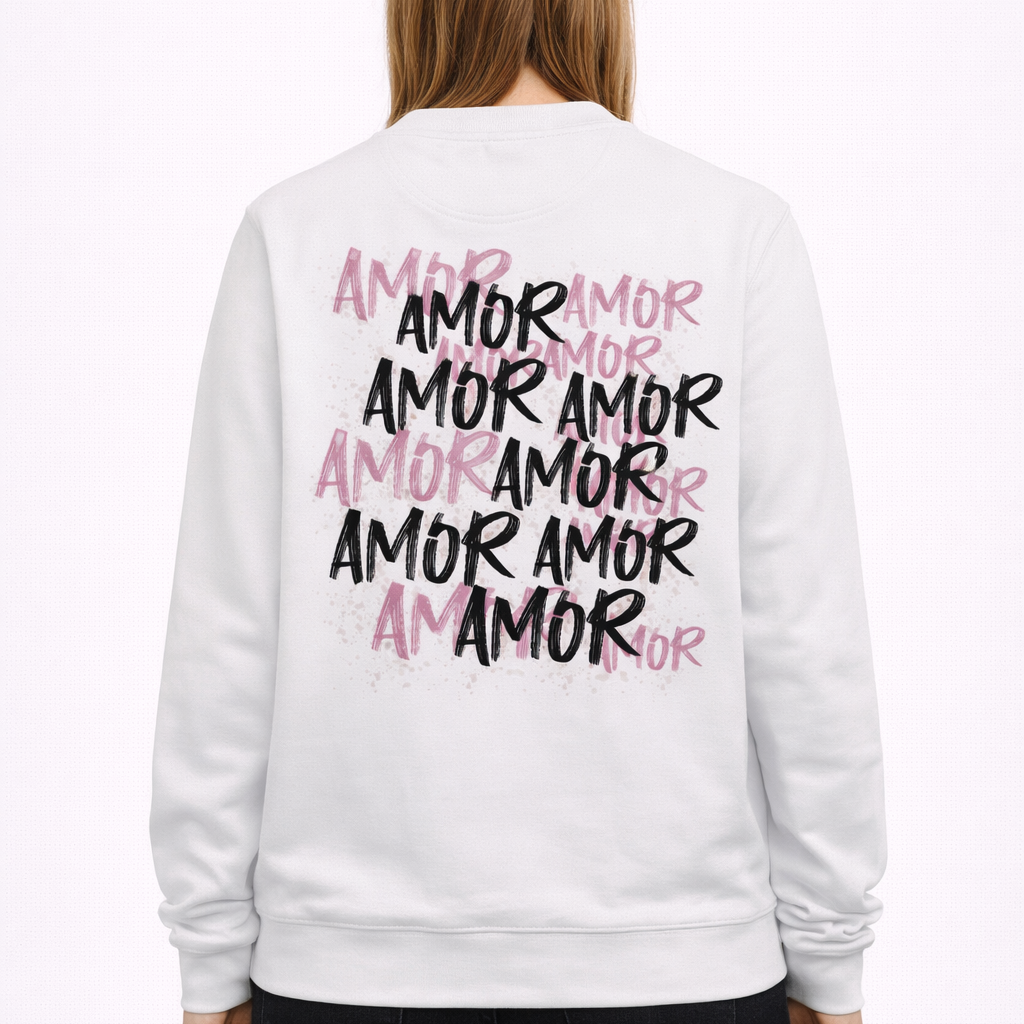 Sweat-shirt unisexe à col rond amor blanc ATNT PARIS, porté, vue de dos.